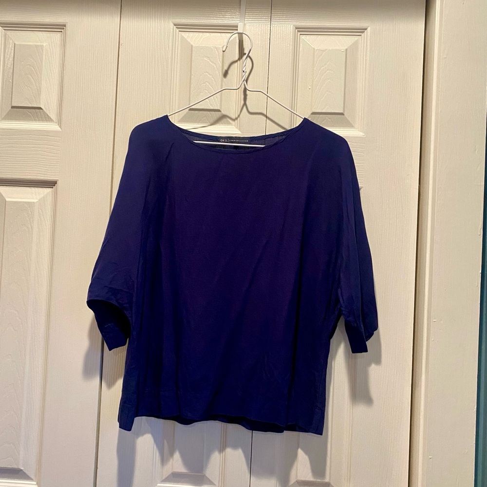 Odel Linen Blue Shirt Navy Batwing Drop Shoulder Top S/4